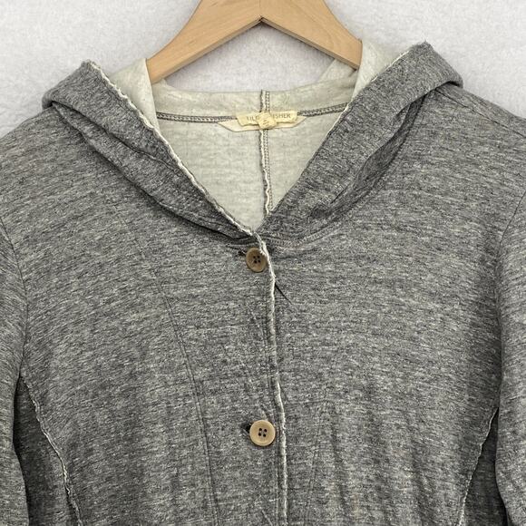 EILEEN FISHER Sweater S Cotton Double Layer Button Up Cardigan Hoodie Gray - Picture 4 of 14